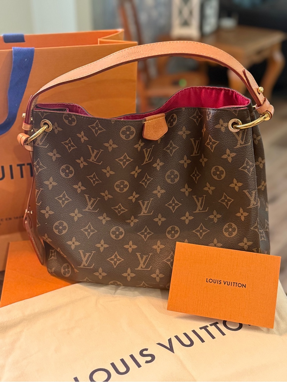 Louis Vuitton Monogram Hobo Shoulder Bag with Pink Interior